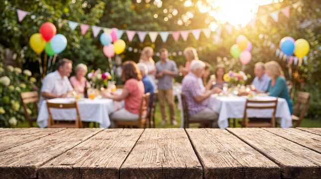 Rustic wooden table with copy space at blurred garden party with guests, balloons, bunting and warm sunset light in a festive backyard setting