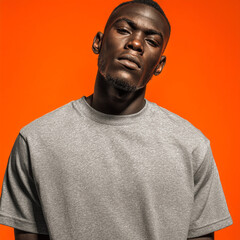 Fototapeta premium Portrait of a young african man wearing a grey t-shirt against orange background
