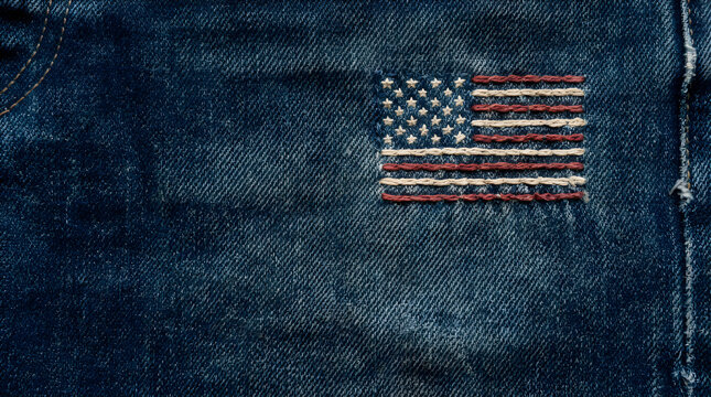 Close-up of embroidered American flag patch on weathered denim fabric with copy space