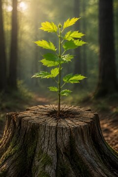 Young sapling growing from old tree stump renewal concept