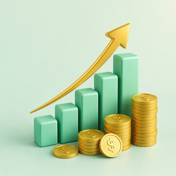 3D financial growth chart with rising arrow and gold coins