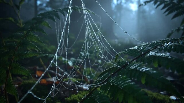 Shifting camera revealing dewy spider web on forest floor, gentle breeze stirring droplets