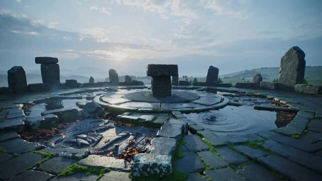 Pulling back camera revealing hilltop ring and central pedestal, rippling pools showing dawn