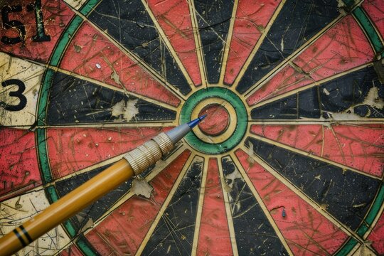 Used dartboard with a dart in the center bullseye, representing accuracy and success