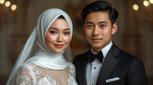 A couple in formal wedding attire, standing closely and smiling for a celebratory photo.