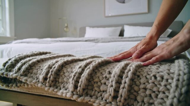 Entering frame bare hands smoothing folded chunky knit blanket on bedroom bench, aligning ribs