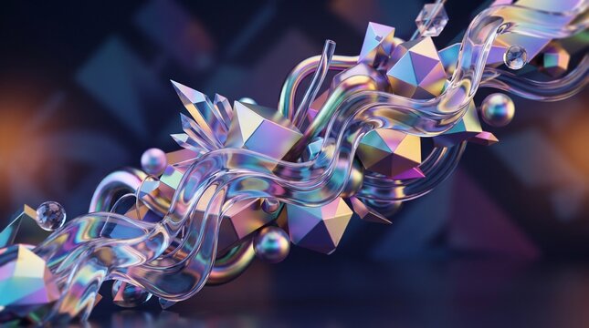 Abstract 3D Holographic Crystals and Fluid Glass Tubes Design - 3d ren