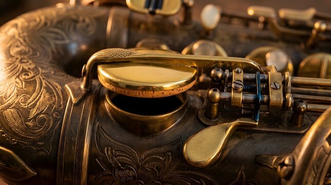 Vintage brass saxophone close up with ornate floral engraving, antique wind instrument details, warm golden jazz aesthetic