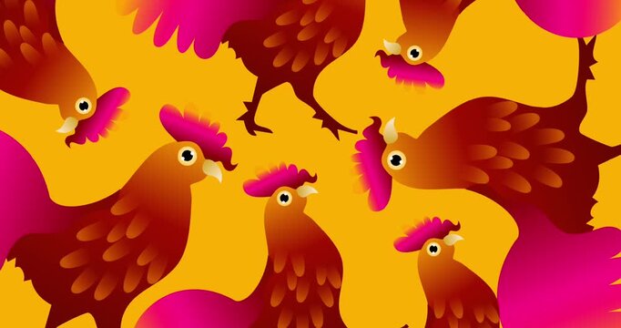 pattern of many colorful roosters on warm orange background