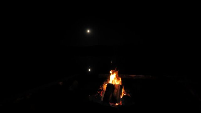 Campfire Burning by a Lake at Night, Sparks Rising