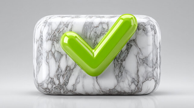 Green check mark symbol made of plastic material placed on white marble block with selector