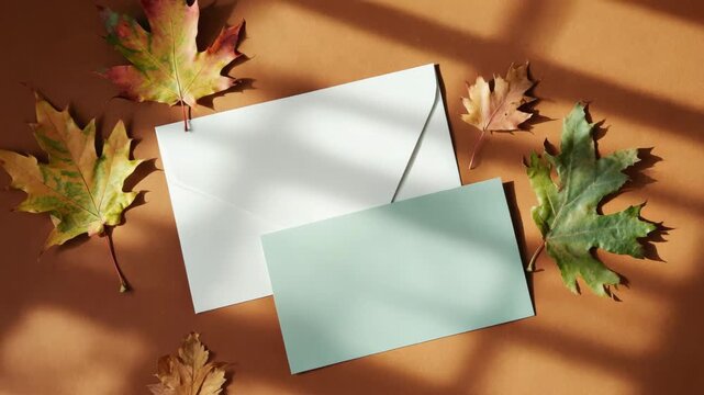 A collection of greeting cards and a pen resting on autumnal leaves.