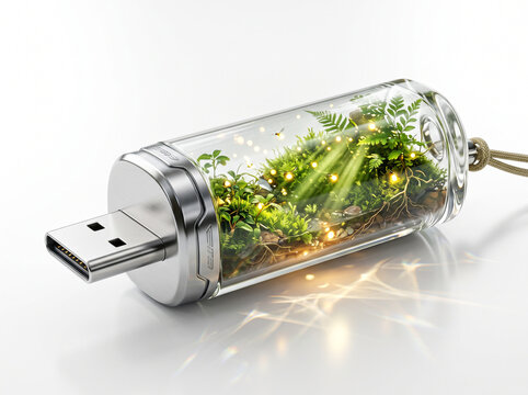 Futuristic eco-friendly USB flash drive with transparent glass casing showing lush green moss and tiny roots inside, isolated on white background