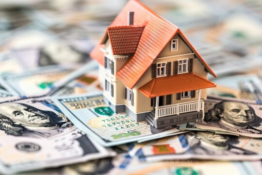 House model sitting on us dollar banknotes, symbolizing real estate investment and housing costs