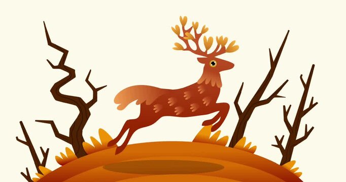 majestic deer jumping in autumn forest with bare trees
