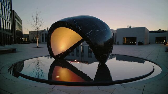 Pulling back, camera revealing loop sculpture and reflecting pool at twilight, exposing plaza