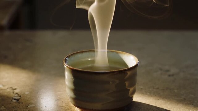 Releasing steam, small glazed cup producing curling ribbons from hot liquid on sunlit countertop