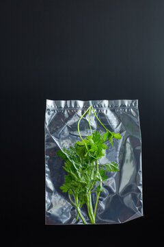 Fresh parsley vacuum sealed for storage on black background