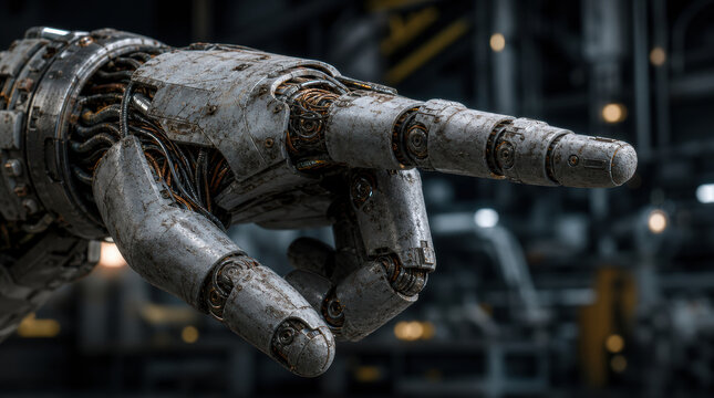 Robotic finger macro textured exposed wiring pointing mechanical hand metal industrial cybernetic closeup