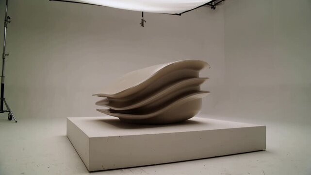 Sliding camera revealing layered white form on plinth under softbox in studio, showing edges