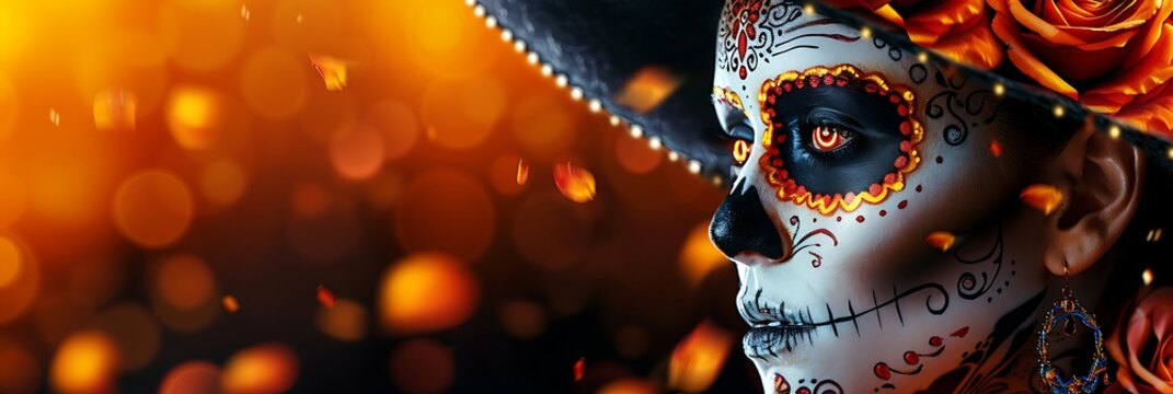 Day of the dead sugar skull woman portrait in sombrero with golden bokeh lights and copy space