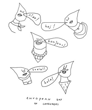 European Day of Languages, Hand-Drawn Quirky Characters Greeting in Different Languages