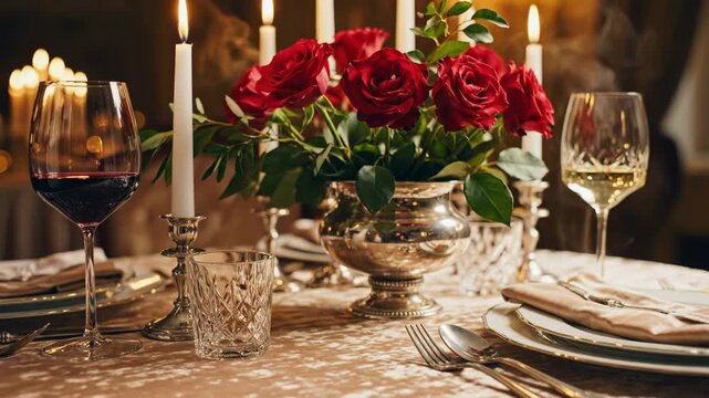 A candlelit formal table setting with roses, wine glasses, and silverware ready for a dinner