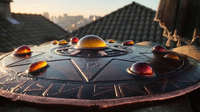 Lifting frayed cloak, gentle breeze revealing ornate rune disc on rooftop exposing amber gems