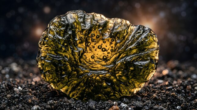 Moldavite crystal specimen on dark soil, green tektite glass stone from space, cosmic gemstone for healing and geology