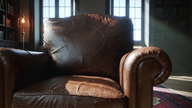 Pulling camera revealing brown leather armchair in study, sunlight brightening dashed round patch