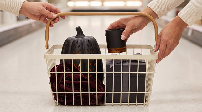 Halloween retail, seasonal shopping basket with themed goods