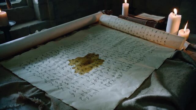 Lifting parchment sheet from window draft, curling across candled table, revealing stained script
