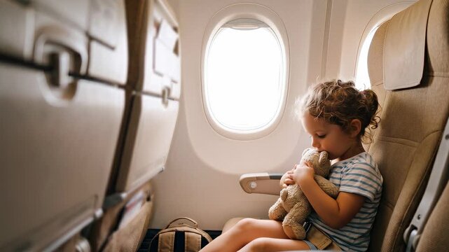 A little girl with curly hair clutches a teddy bear tightly as she gazes out the airplane window, a poignant scene of a child's journey in a realistic depiction.