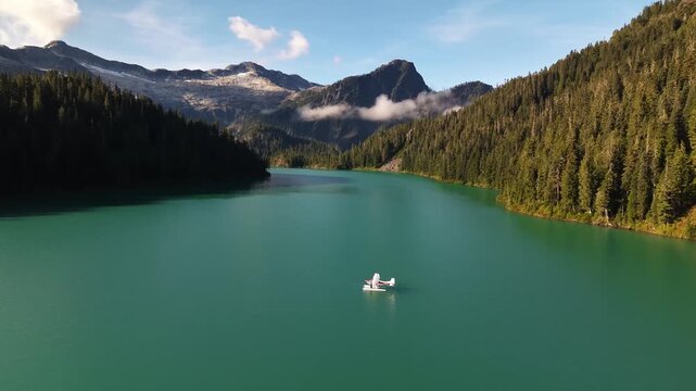 Aerial View of Floatplane on Serene Lake in Sunshine Coast Mountains