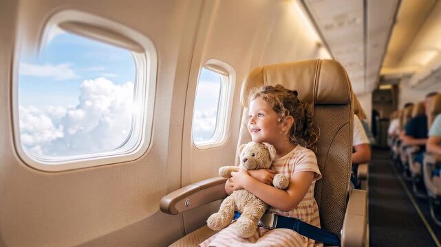 A young girl with a gentle smile clutches her teddy bear, gazing out the airplane window at the vast expanse of clouds, embodying innocent wonder and the excitement of travel.