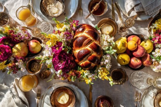 Challah bread on a festive table with fruit and flowers. Traditional Jewish meal for Rosh Hashanah celebration. Holiday dinner setting with golden honey, apples and floral arrangement.