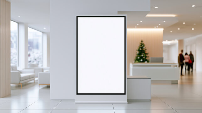 Blank vertical banner display in a modern healthcare clinic reception with clean white interior, waiting area, reception desk, Christmas tree and visitors in background. 