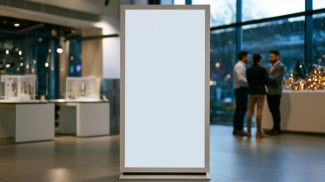 Blank vertical advertising display at a business trade show with professionals networking in a modern exhibition hall decorated for Christmas. 