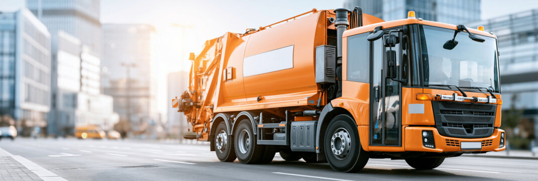 Orange garbage truck driving through an urban street in bright daylight.