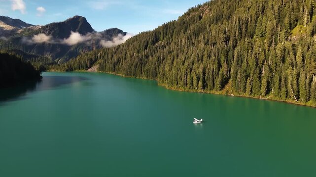 Cinematic Drone Shot of Seaplane on Pristine Sunshine Coast Mountain Lake