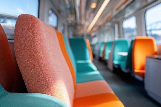 Empty seats inside a modern commuter train carriage. Vibrant orange and teal fabric upholstery on rows of passenger benches. Public transport infrastructure and transit travel concept.