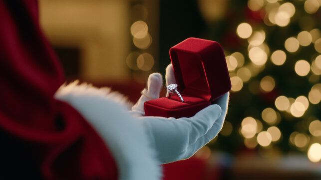 Christmas engagement ring in a red velvet ring box held by Santa Claus with white gloves beside a decorated Christmas tree. 