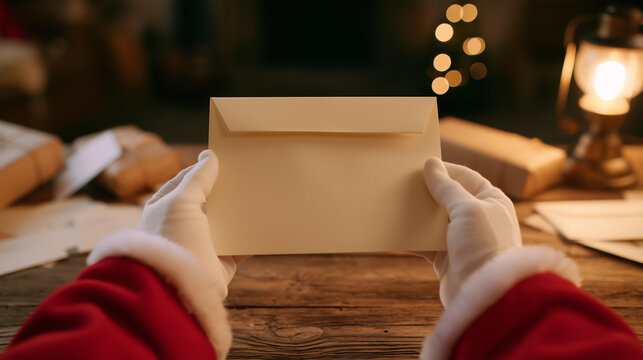 First person view of Santa Claus holding a blank cream envelope for a letter to Santa on a rustic wooden table with Christmas gifts and warm lantern light. 
