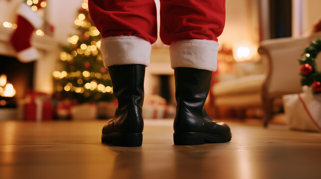 Closeup of Santa Claus boots arriving inside a home with red suit, Christmas tree, fireplace and wrapped presents in the background. 