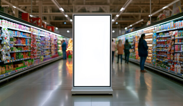 Blank vertical signboard in a supermarket aisle with stocked shelves, shoppers and Christmas decorations. 