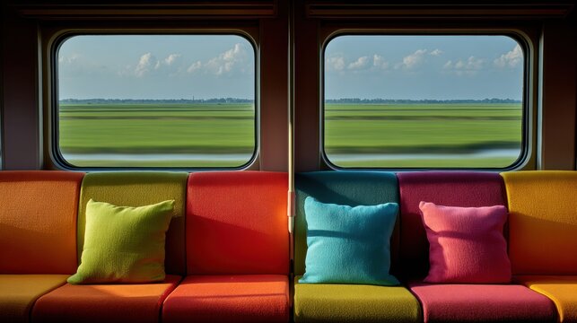 Colorful train seats with cushions in front of windows overlooking rural landscape. Interior view of public transport carriage during journey. Travel, tourism and leisure trip concept.