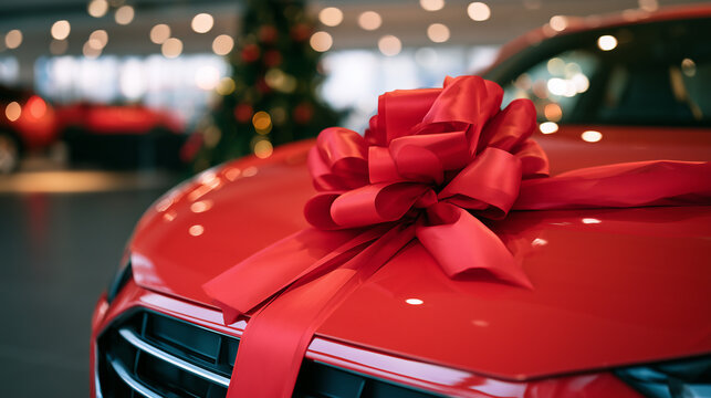 New red vehicle presented as a Christmas gift with a large red ribbon and bow in a decorated car dealership showroom. 