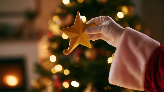 Christmas faith and hope concept with Santa Claus holding a golden star in front of a warmly illuminated Christmas tree.