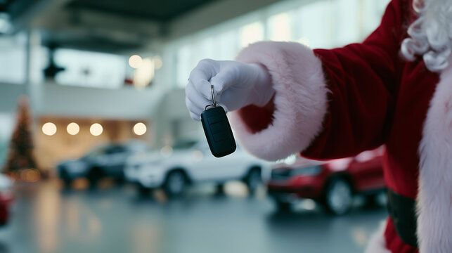 New car purchase and Christmas gift concept with Santa Claus holding a vehicle key inside a modern car dealership showroom.