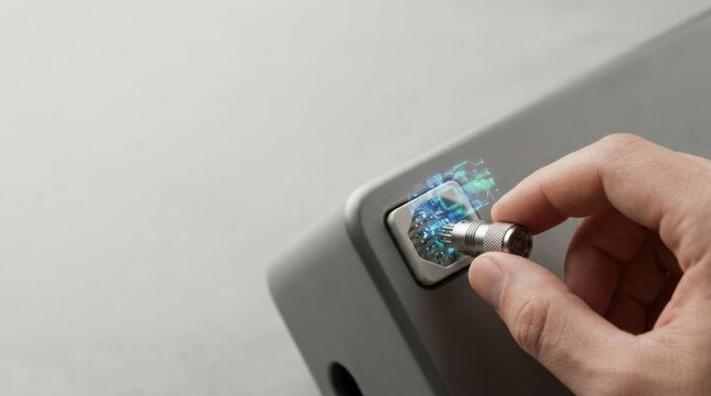 Person's hand holding a button visualizing digital interoperability and connection of incompatible systems